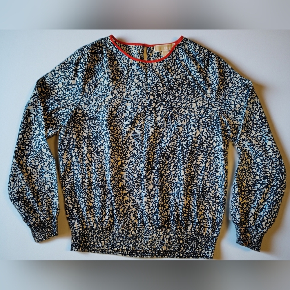 Michael Kors Women's L Navy/Cream Leaf-Print Blouse Coral Trim Keyhole On Back